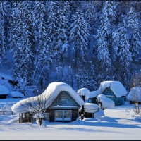 Cabins With Snow And Icicles