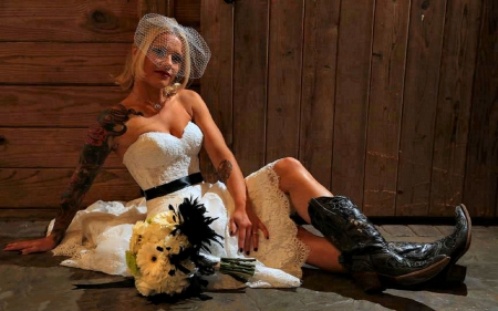 A Cowgirl Bride. . - style, western, women, models, ranch, bride, outdoors, cowgirl, female, tattoos, boots, blondes