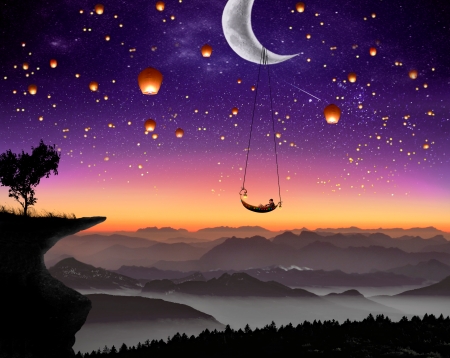 Fantasy night - moon, silhouette, sky, light, fantasy, black, purple, lantern, luminos, swing, luna