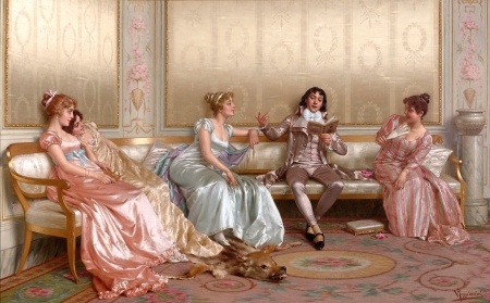 The poetry - woman, sofa, vittorio reggianini, room, book, painting, blue, luminos, man, pink, pictura, dress