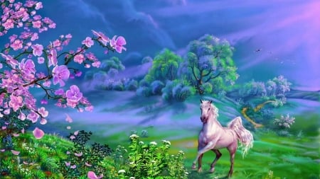 Wild spring - sakura, blue, blossom, cherry, pink, cal, horse, pictura, fantasy, white, animal, green, painting, art, luminos