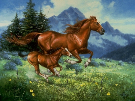 Spring run off - painting, brown, art, horse, moutain, blue, pictura, green, cal, jack sorenson