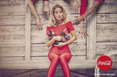 Beauty - beauty, funny, wood, coca cola, hand, red, commercial, bottle, add, blonde