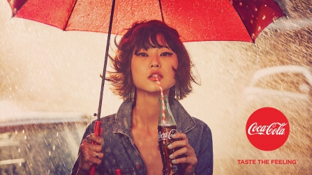 Beauty - bottle, commercial, girl, coca cola, umbrella, red, woman, rain, model, add