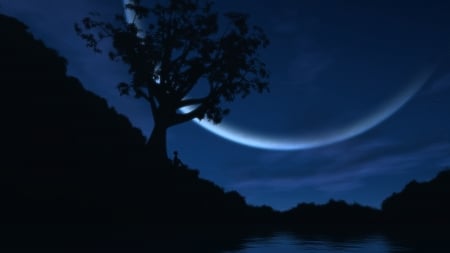 Fantasy - moon, silhouette, night, fantasy, black, white, blue, luminos, tree, luna