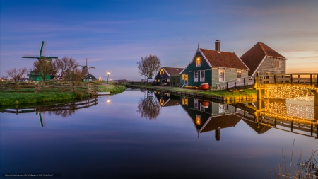 Netherland Houses - nature, mill, lights, evening, lake, houses, reflection