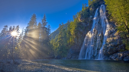 Mountain Fall - trees, nature, waterfall, rays, stones, sun