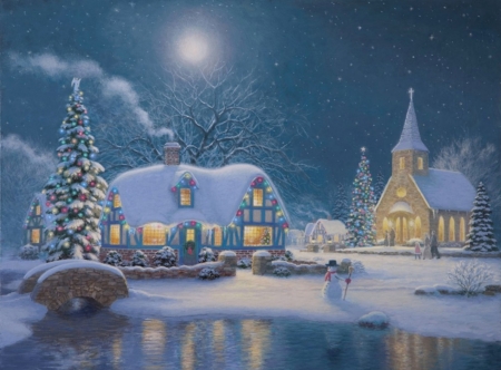 CHRISTMAS COTTAGE - moon, cottage, church, reflection, snow, night, winter, christmas