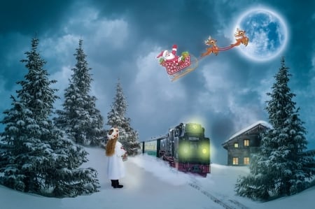 WAITING FOR SANTA - moon, train, santa, trees, snow, winter, child, christmas