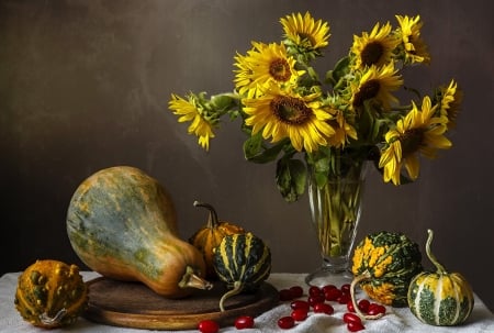 Still Life - Vase, Bouquet, Sunflowers, Fruit