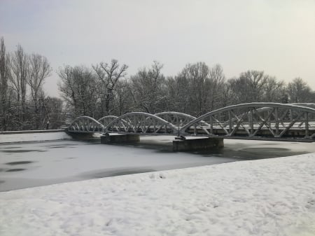 Winter Bridge - trees, winter, nature, landscape, snow, bridge