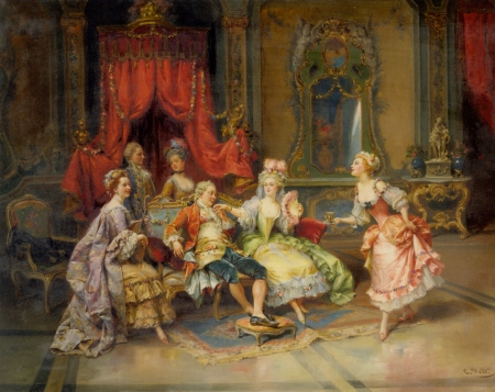 Louis XV in the throne room - people, girl, throne room, cesare auguste detti, man, pictura, painting, woman, louis XI, art