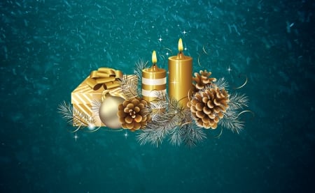 Happy New Year! - blue, candle, christmas, craciun, new year, gift, golden, pine cone, card