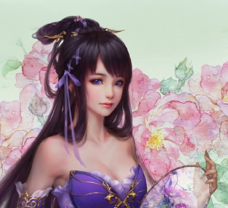 Princess - princess, girl, frumusete, asian, fantasy, hand fan, purple, pink, luminos, peony, flower