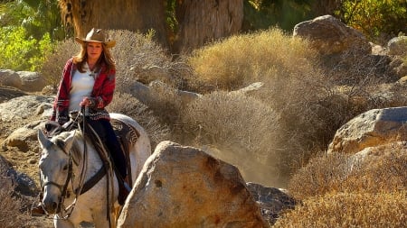 Ride Smoke Free . . - women, fun, female, hats, plains, western, cowgirl, style, outdoors, horses, blondes, ranch, canyon, rocks