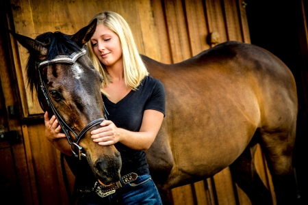 Loving A Friend . . - women, female, models, western, stable, horse, girls, cowgirl, style, blondes, barn, ranch