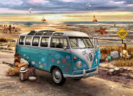 Love and Hope - VW Bus F - wide screen, cars, auto, automobile, illustration, painting, art, artwork, beautiful