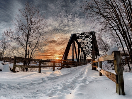 Bridge Over the River in Winter - sky, winter, river, bridge, trees, nature, snow