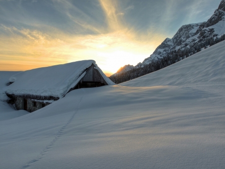 Hut Covered with Snow on the Roof - house, winter, nature, roof, snow, hut, cottage, sky