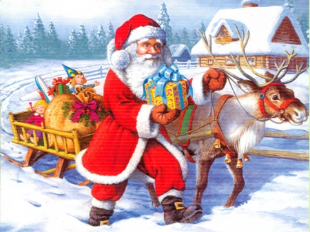 Santa On His Way - sleigh, winter, painting, snow, reindeer, cottage