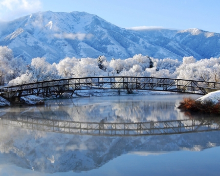 Bridge Over the River - river, winter, nature, mountains, reflection, bridge