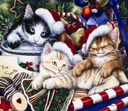 Christmas kittens - chrismtas, cat, pictura, pisica, craciun, kitten, painting, cute, art