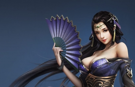 Fantasy girl - hand fan, yonglin yao, blue, girl, fan, frumusete, fantasy, hand, luminos