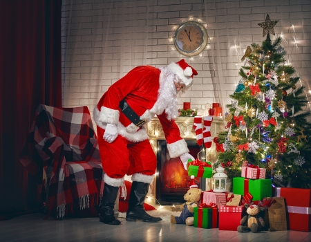 Santa - craciun, gift, room, old man, christmas, santa, red, green, tree