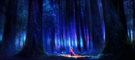 Blue forest - gianluca rolli, blue, forest, pink, tree, fantasy, couple, art, luminos