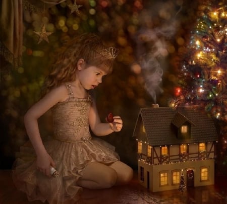 Christmas miracle - cornacchiaart, doll house, girl, room, copil, child, tree, miracle, cornacchia-art, fantasy, lights, little, luminos