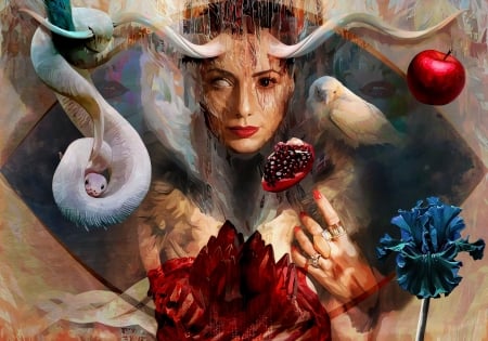 Eve - apple, face, red, mateusz twardoch, snake, girl, blue, art, white, eve, temptation, fruit