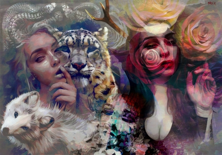 Hera - leopard, girl, hera, mateusz twardoch, triple, fantasy, goddess, face, art, luminos