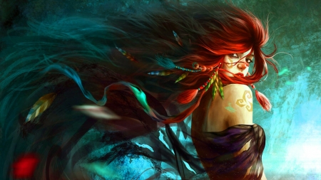 Redhead - redhead, girl, luminos, blue, feather, orange, fantasy, wind