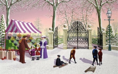 The Flower Man - lady, gate, winter, kids, sleds, painting, vintage, man, snow, flowers