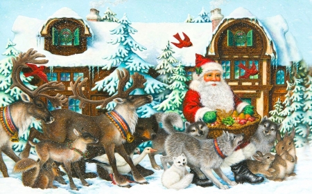 Santa’s Reindeer and Furry Friends - house, winter, Santa Claus, christmas, Snow, holiday, painting, reindeer, animals