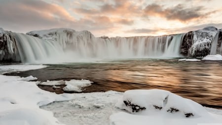 Godafoss Waterfall - winter, sunset, nature, waterfall, snow, sky