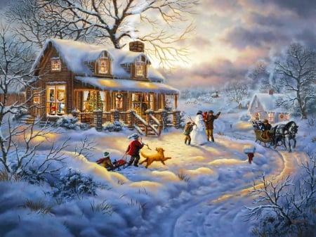 Winter games - pretty, fun, wonderland, play, snow, children, joy, frost, art, house, winter, village, christmas, ice, painting, games, peaceful