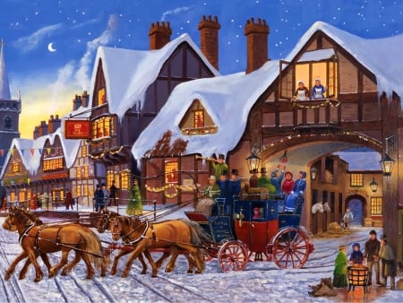 Christmas eve express - sleigh, winter, express, snow, eve, village, christmas, santa, holiday, houses, art