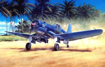 F4U-1A-Corsair - airplane, pictura, blue, painting, art, chance vought, palm tree