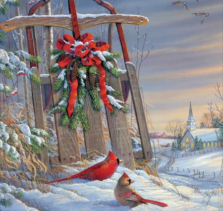 Christmas Sleigh - cardinals, birds, winter, decoration, painting, artwork, snow