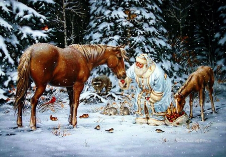 Santa's Horses - painting, firs, artwork, snow, winter