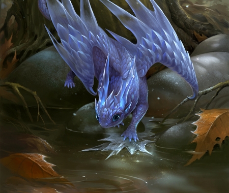 First frost - ice, autumn, water, leaf, fantasy, luminos, frost, sandara, dragon