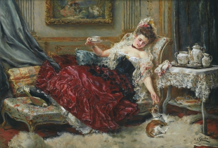 Tea time - sofa, eduardo leon garrido, girl, room, dog, tea time, pictura, red, painting, woman, caine, art, luminos, cup