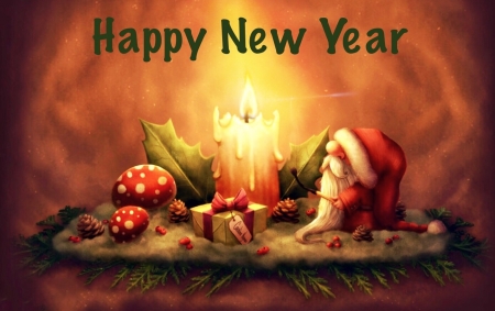 Happy New Year - mushrooms, candle, gift, santa, happy new year, holidays, gnome, digital art, cute