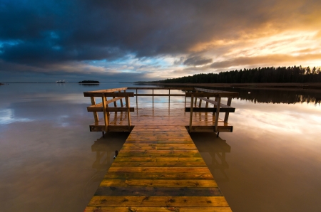 Bridge on a Lake - clouds, forest, wooden, sunset, nature, varmland, lake, sky, bridge