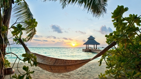 Tropical Beach - trees, sunset, nature, beach, hammock, sea, sand, sky