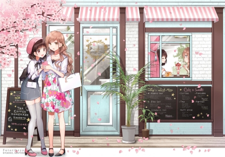 Girl's Cafe - sakura, cafe, orginal, love, pink, girls, cute, friends, art