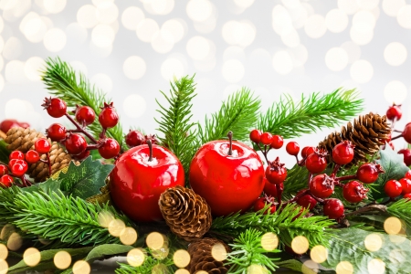 Merry Christmas! - berry, christmas, craciun, red, green, fruit, pine cone, card, apple