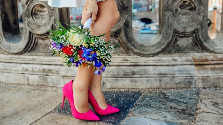 Pink stilettos - shoes, stuff, woman, flower, bouquet, pink, stilettosw