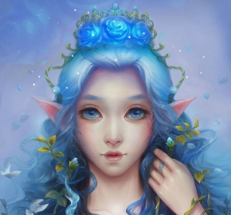 Elf princess - blue, girl, flower, elf, frumusete, fantasy, hand, face, luminos